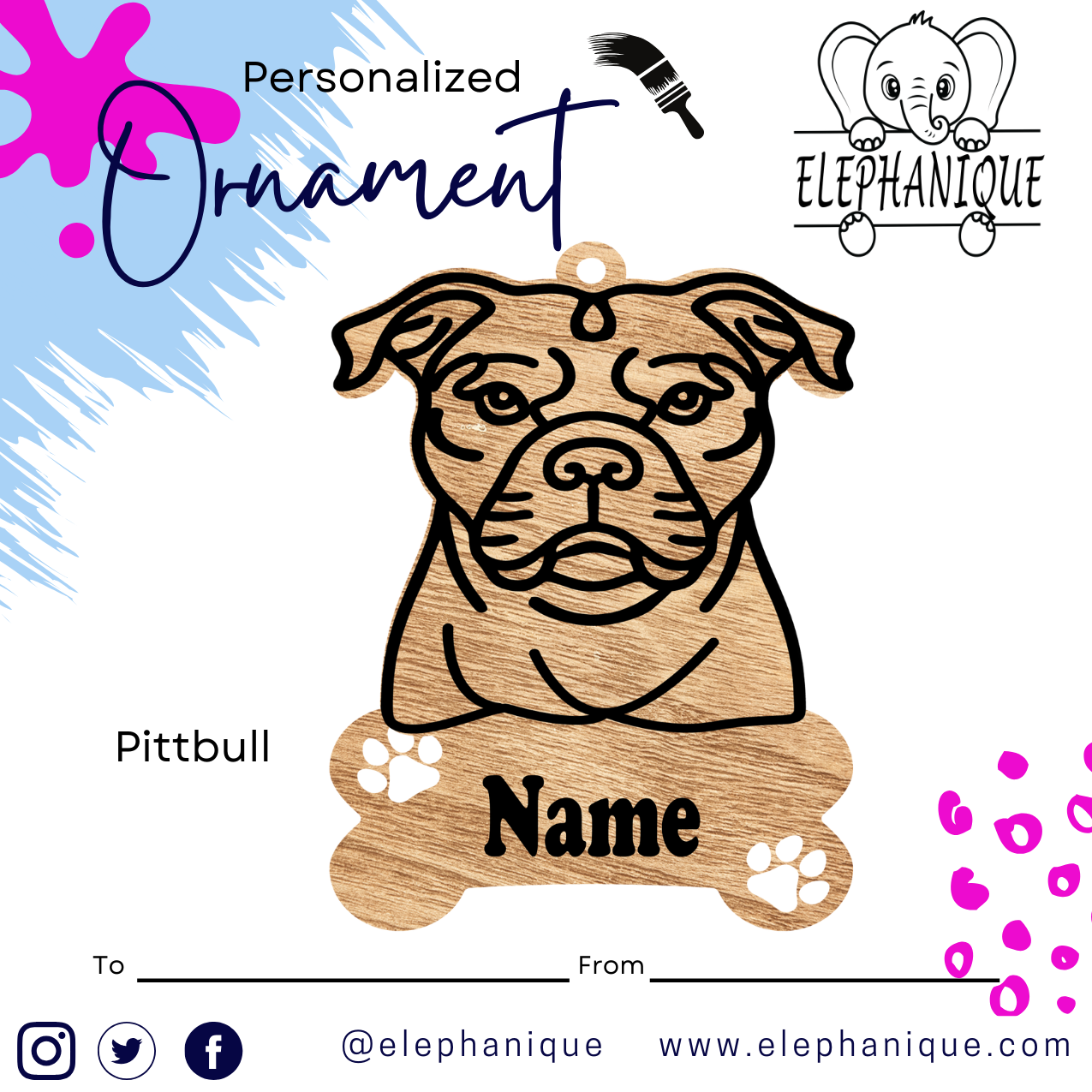 Personalized Pitbull Ornament – Custom Laser-Cut Pine Ornament – Holiday Gift